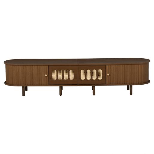 Móvel de TV ovalado 180x40x40 cm - rattan, 2 gavetas - nogueira Móvel de TV ovalado 180x40x40 cm - rattan, 2 gavetas - nogueira