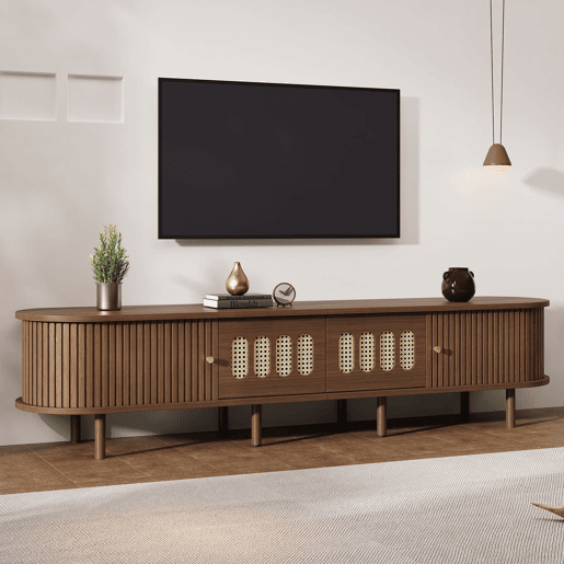 Móvel de TV ovalado 180x40x40 cm - rattan, 2 gavetas - nogueira Móvel de TV ovalado 180x40x40 cm - rattan, 2 gavetas - nogueira