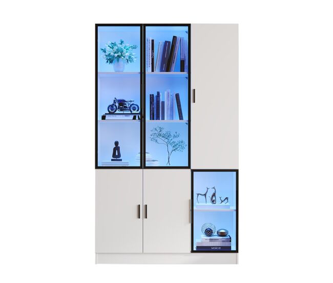 Vitrina de vidrio 200cm - estantería multiusos con luces led, puerta de vidrio y marco de aluminio - blanco