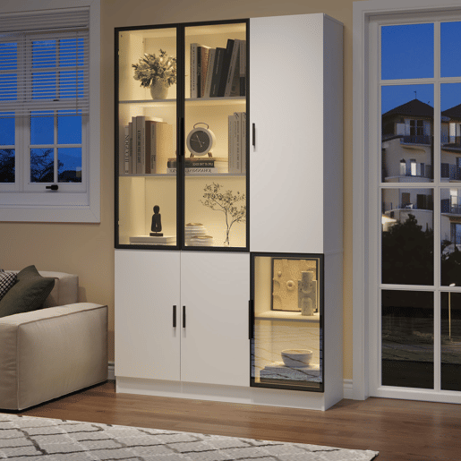 Vitrine de vidro 200 cm - Estante multiusos com luzes LED, porta de vidro e moldura de alumínio - Branco