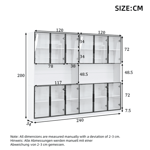 Vitrine 240x34x200 cm - 12 portas, LED, armazenamento multifuncional - Branco Vitrine 240x34x200 cm - 12 portas, LED, armazenamento multifuncional - Branco