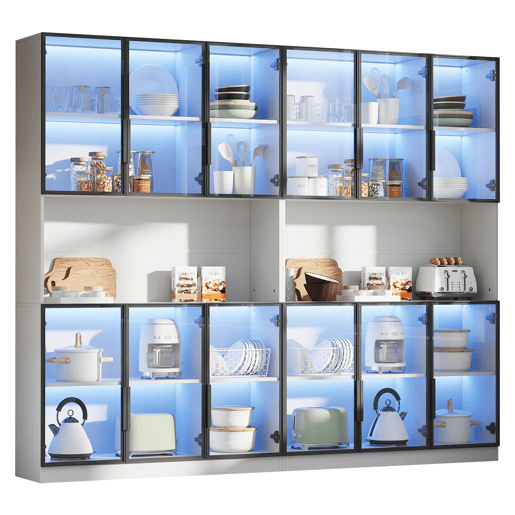 Vitrine 240x34x200 cm - 12 portas, LED, armazenamento multifuncional - Branco Vitrine 240x34x200 cm - 12 portas, LED, armazenamento multifuncional - Branco
