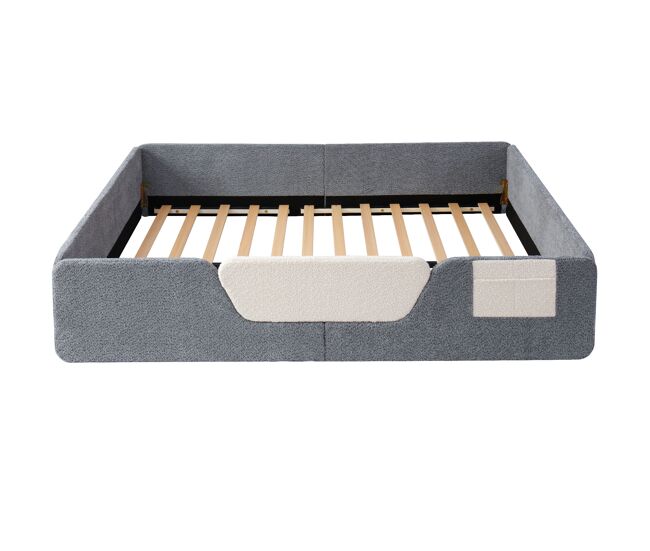 Cama tapizada 140x190 cm - sin colchón, barandillas extraíbles, bolsillo lateral, terciopelo - gris