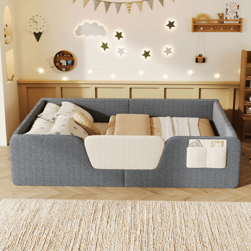 Cama estofada 140x190 cm - Sem colchão, grades removíveis, bolso lateral, veludo - Cinza