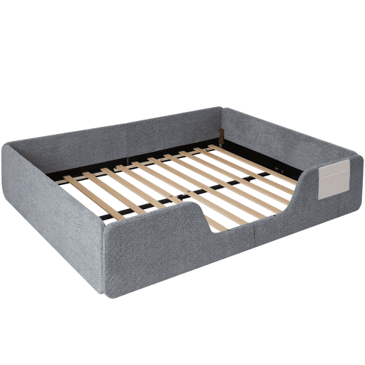 Cama estofada 140x190 cm - Sem colchão, grades removíveis, bolso lateral, veludo - Cinza