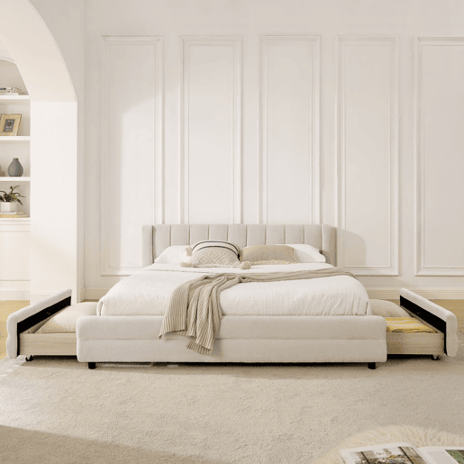 Cama de casal 160x200 cm - Armazenamento lateral, USB, Chenille ergonómica - Bege