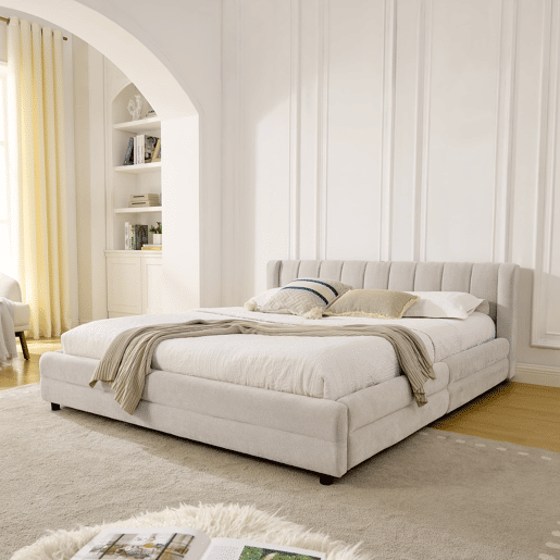 Cama de casal 160x200 cm - Armazenamento lateral, USB, Chenille ergonómica - Bege