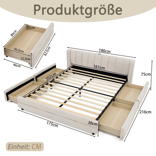 Cama de casal 160x200 cm - Armazenamento lateral, USB, Chenille ergonómica - Bege