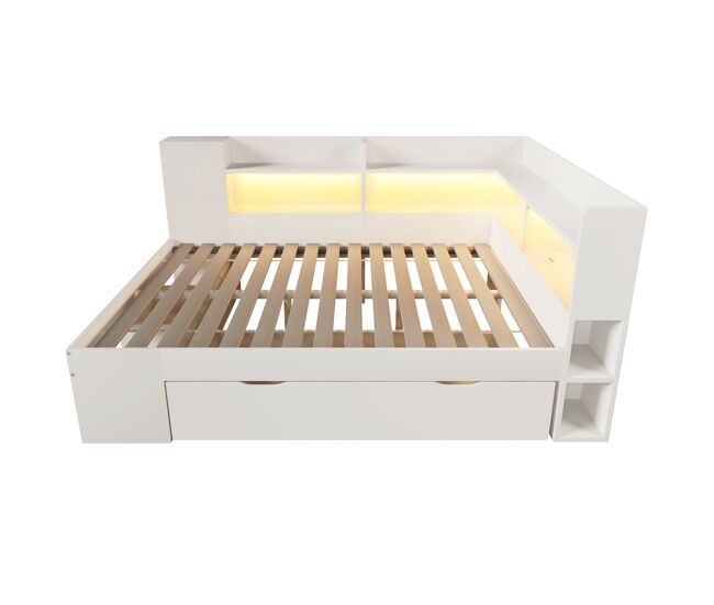 Cama funcional 140x200 cm - led, usb/tipo-c, almacenaje y estantes - blanco