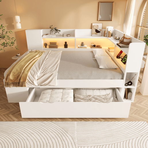 Cama funcional 140x200 cm - LED, USBTipo-C, arrumação e prateleiras - Branco Cama funcional 140x200 cm - LED, USBTipo-C, arrumação e prateleiras - Branco