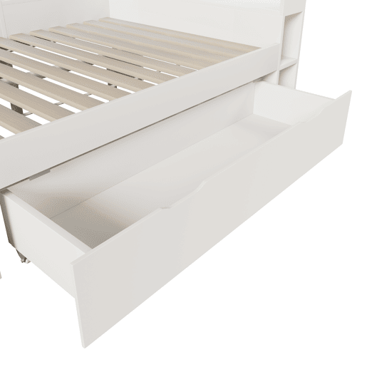 Cama funcional 140x200 cm - LED, USBTipo-C, arrumação e prateleiras - Branco Cama funcional 140x200 cm - LED, USBTipo-C, arrumação e prateleiras - Branco