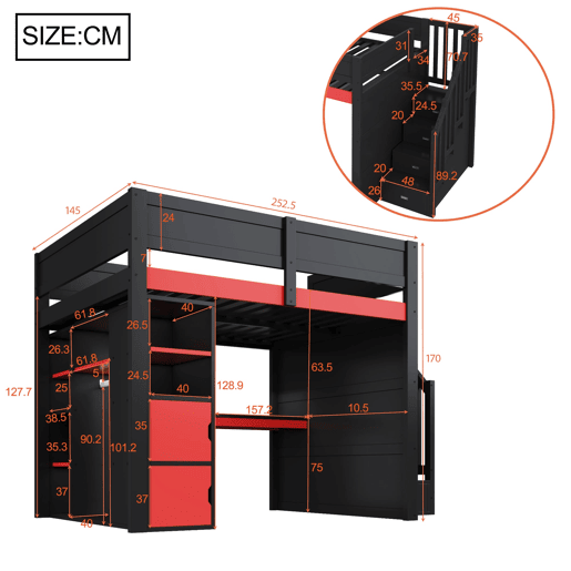 Cama alta para jogos 140x200 - secretária, arrumação, LED, USB - preto e vermelho