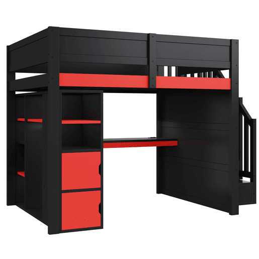 Cama alta para jogos 140x200 - secretária, arrumação, LED, USB - preto e vermelho