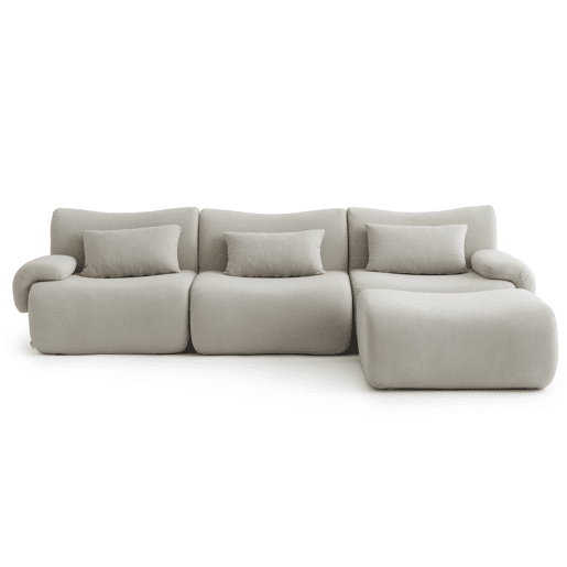 Sofá modular de 3 lugares com chaise longue, tecido bouclé na cor bege pedra