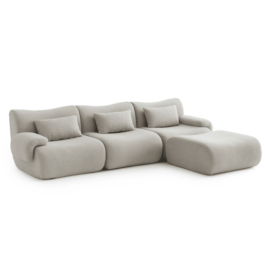 Sofá modular de 3 lugares com chaise longue, tecido bouclé na cor bege pedra