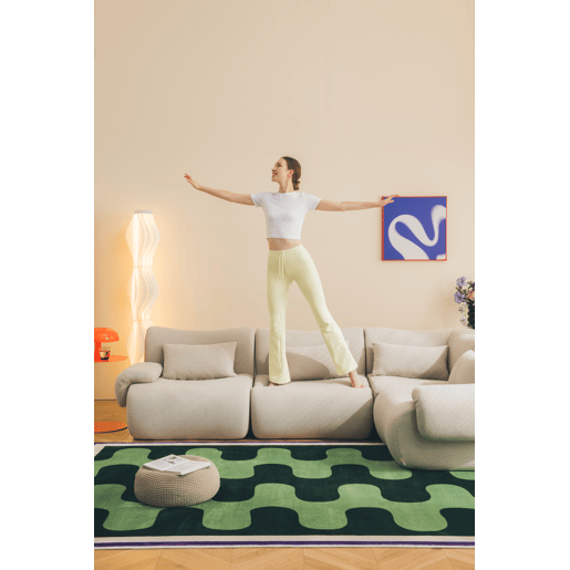 Sofá modular de 3 lugares com chaise longue, tecido bouclé na cor bege pedra