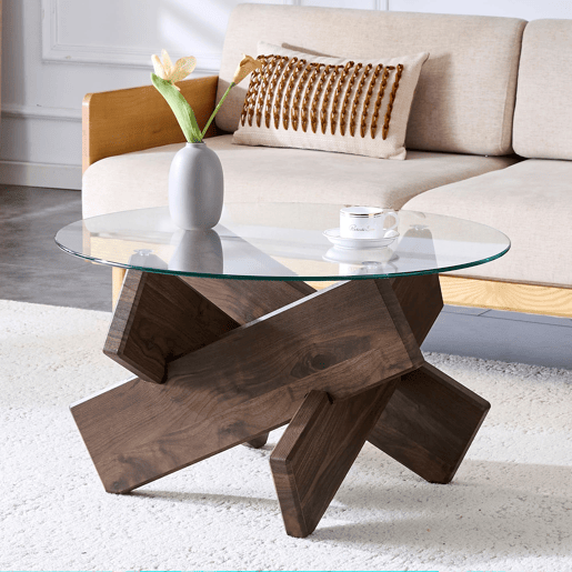 Mesa de centro redonda 79 cm - MDF e vidro, pernas em nogueira, design simples e elegante - Transparente, Nogueira