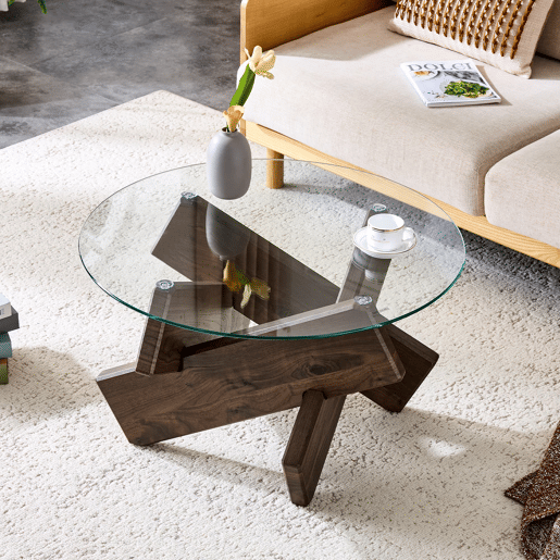 Mesa de centro redonda 79 cm - MDF e vidro, pernas em nogueira, design simples e elegante - Transparente, Nogueira