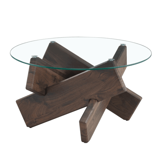 Mesa de centro redonda 79 cm - MDF e vidro, pernas em nogueira, design simples e elegante - Transparente, Nogueira