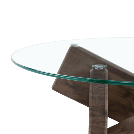 Mesa de centro redonda 79 cm - MDF e vidro, pernas em nogueira, design simples e elegante - Transparente, Nogueira