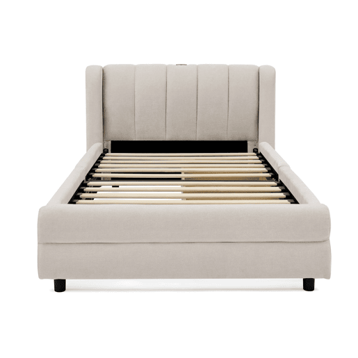 Cama individual 90x200 cm - com arrumação lateral, porta USB, chenille, ergonómica - bege