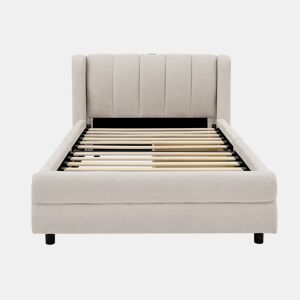 Cama individual 90x200 cm - com arrumação lateral, porta USB, chenille, ergonómica - bege