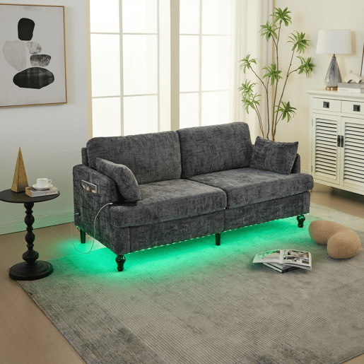Sofá de 2 lugares - Chenille, pés de madeira, LED, USB e arrumação - Cinza