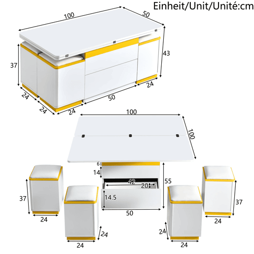 Mesa de centro elevável 100x50x43 - multifuncional dobrável - branco alto brilho