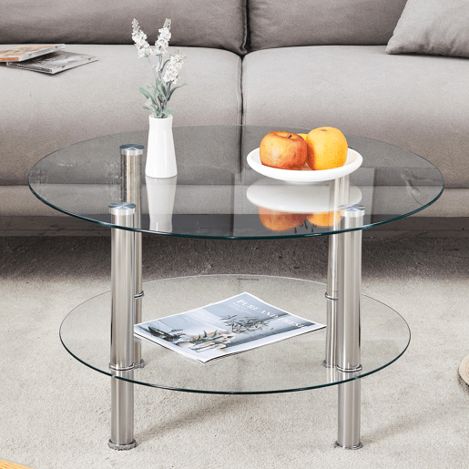 Mesa de centro com 2 níveis - Moderna, espaçosa e elegante - Prateada e transparente