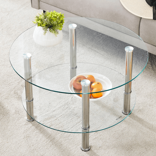 Mesa de centro com 2 níveis - Moderna, espaçosa e elegante - Prateada e transparente