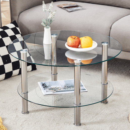 Mesa de centro com 2 níveis - Moderna, espaçosa e elegante - Prateada e transparente