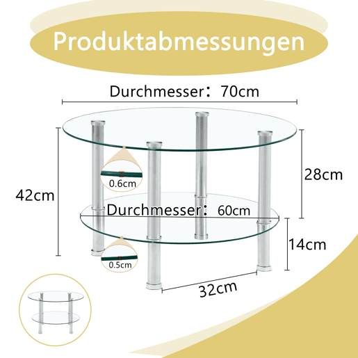 Mesa de centro com 2 níveis - Moderna, espaçosa e elegante - Prateada e transparente