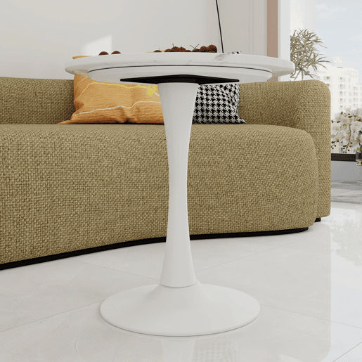 Mesa de café 70 cm - estilo mid-century, tampo redondo em mármore branco, para 2-4 pessoas - Branco
