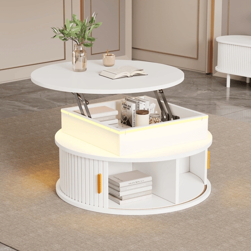 Mesa de centro elevável 75x75x52 cm - LED, redonda com arrumação oculta - branca Mesa de centro elevável 75x75x52 cm - LED, redonda com arrumação oculta - branca