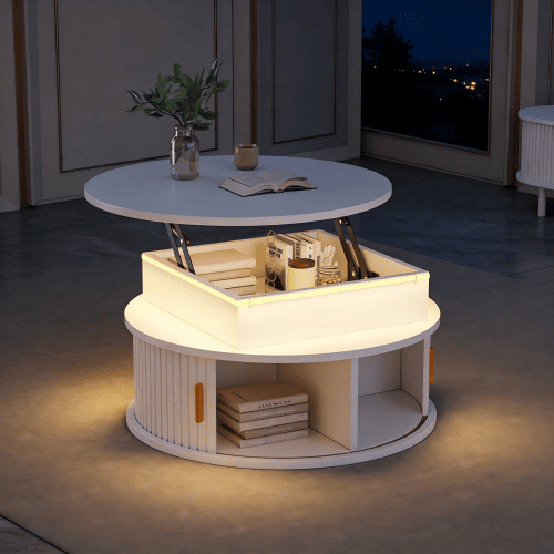 Mesa de centro elevável 75x75x52 cm - LED, redonda com arrumação oculta - branca Mesa de centro elevável 75x75x52 cm - LED, redonda com arrumação oculta - branca