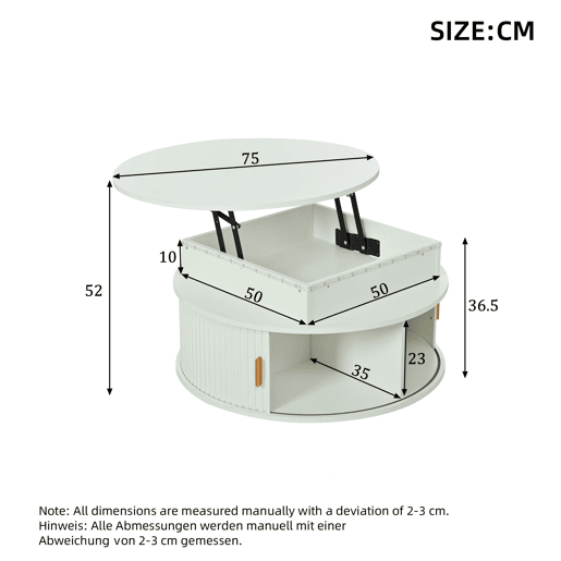 Mesa de centro elevável 75x75x52 cm - LED, redonda com arrumação oculta - branca Mesa de centro elevável 75x75x52 cm - LED, redonda com arrumação oculta - branca