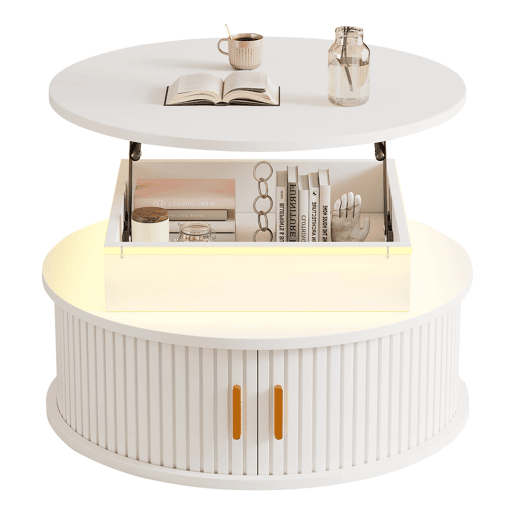 Mesa de centro elevável 75x75x52 cm - LED, redonda com arrumação oculta - branca Mesa de centro elevável 75x75x52 cm - LED, redonda com arrumação oculta - branca