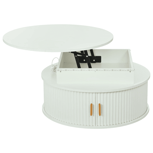 Mesa de centro elevável 75x75x52 cm - LED, redonda com arrumação oculta - branca Mesa de centro elevável 75x75x52 cm - LED, redonda com arrumação oculta - branca