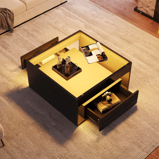 Mesa de centro 70x70x35 cm - Mesa auxiliar com 2 gavetas, design perfurado, vidro temperado com LED - Preto Mesa de centro 70x70x35 cm - Mesa auxiliar com 2 gavetas, design perfurado, vidro temperado com LED - Preto