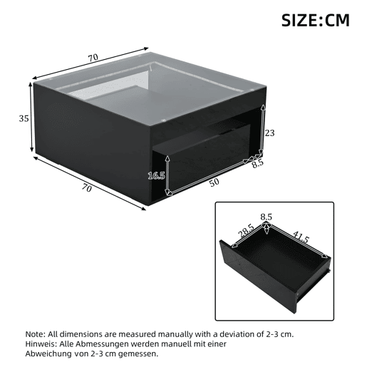 Mesa de centro 70x70x35 cm - Mesa auxiliar com 2 gavetas, design perfurado, vidro temperado com LED - Preto Mesa de centro 70x70x35 cm - Mesa auxiliar com 2 gavetas, design perfurado, vidro temperado com LED - Preto
