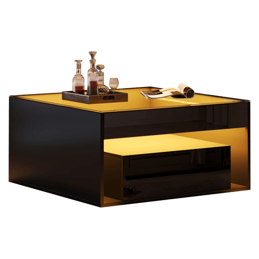 Mesa de centro 70x70x35 cm - Mesa auxiliar com 2 gavetas, design perfurado, vidro temperado com LED - Preto Mesa de centro 70x70x35 cm - Mesa auxiliar com 2 gavetas, design perfurado, vidro temperado com LED - Preto