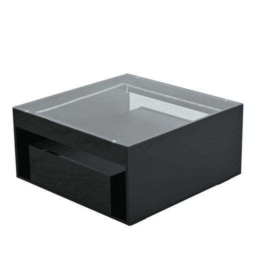 Mesa de centro 70x70x35 cm - Mesa auxiliar com 2 gavetas, design perfurado, vidro temperado com LED - Preto Mesa de centro 70x70x35 cm - Mesa auxiliar com 2 gavetas, design perfurado, vidro temperado com LED - Preto