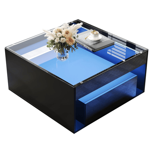 Mesa de centro 70x70x35 cm - Mesa auxiliar com 2 gavetas, design perfurado, vidro temperado com LED - Preto Mesa de centro 70x70x35 cm - Mesa auxiliar com 2 gavetas, design perfurado, vidro temperado com LED - Preto