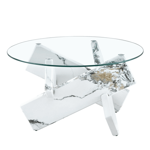 Mesa de centro redonda 79 cm - MDF+Vidro, pernas efeito mármore branco - Transparente, Branco
