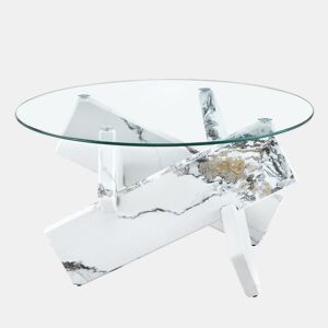 Mesa de centro redonda 79 cm - MDF+Vidro, pernas efeito mármore branco - Transparente, Branco