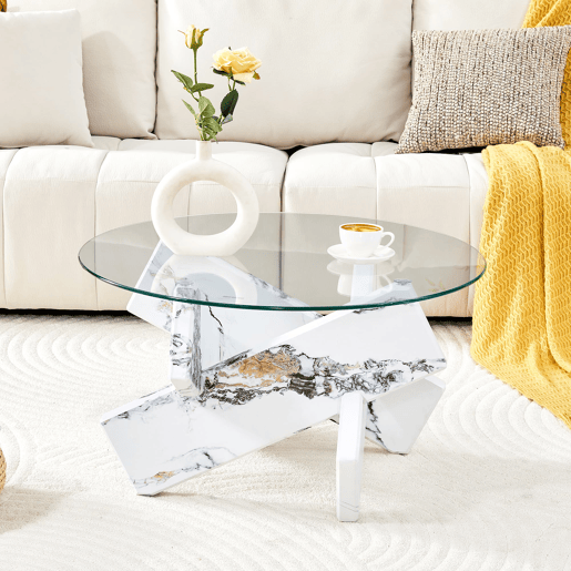 Mesa de centro redonda 79 cm - MDF+Vidro, pernas efeito mármore branco - Transparente, Branco