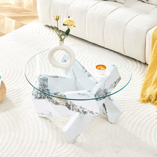 Mesa de centro redonda 79 cm - MDF+Vidro, pernas efeito mármore branco - Transparente, Branco