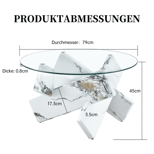 Mesa de centro redonda 79 cm - MDF+Vidro, pernas efeito mármore branco - Transparente, Branco