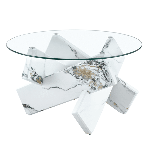 Mesa de centro redonda 79 cm - MDF+Vidro, pernas efeito mármore branco - Transparente, Branco