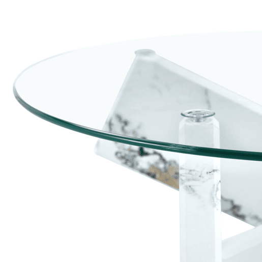 Mesa de centro redonda 79 cm - MDF+Vidro, pernas efeito mármore branco - Transparente, Branco